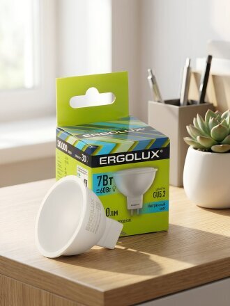 Лампа светодиодная GU5.3, 7 Вт, 60 Вт, 220 В, рефлектор, 4000 К, нейтральный белый свет, Ergolux, 12159