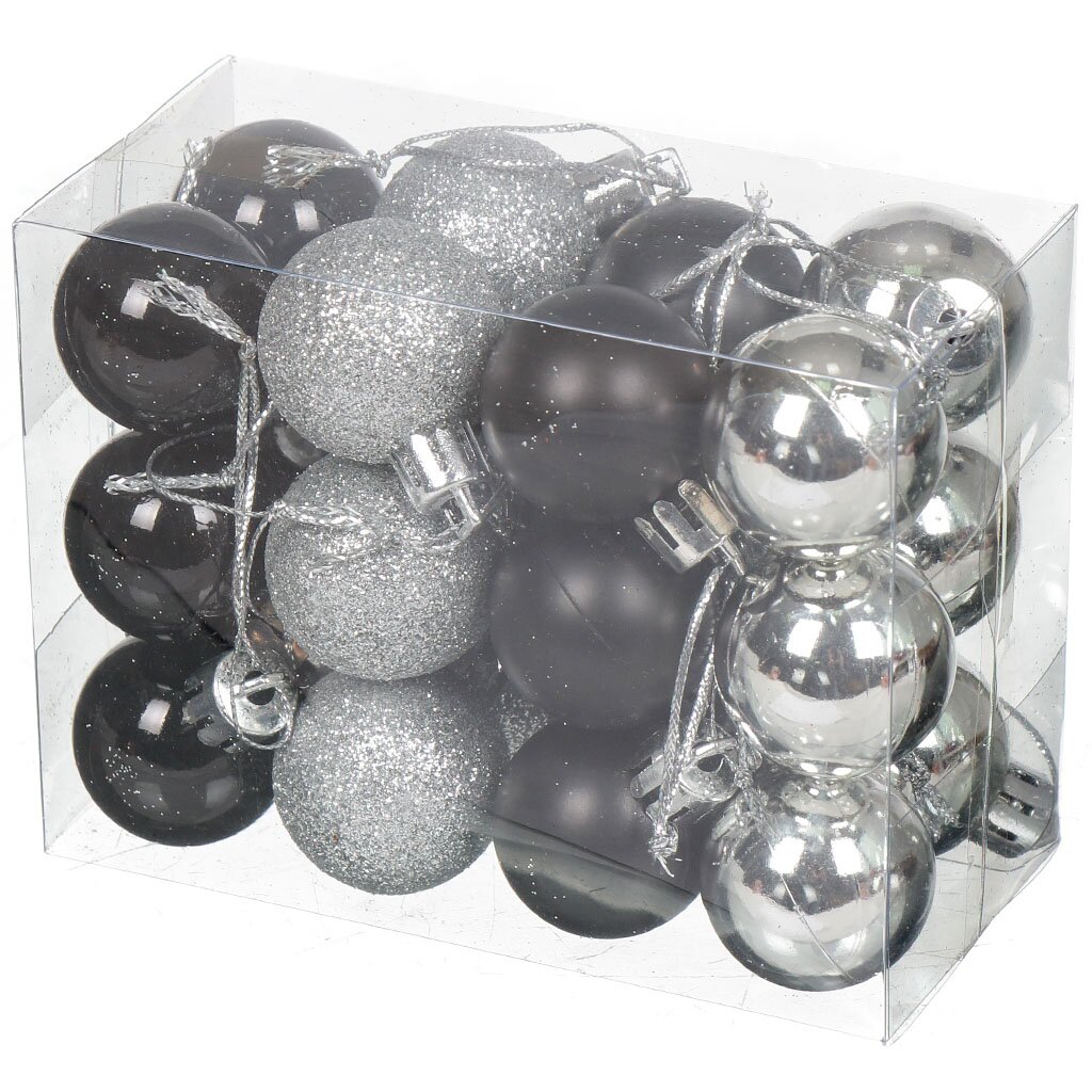 Елочный шар 24 шт, серебро, черный, 3 см, пластик, SYCB17B-085