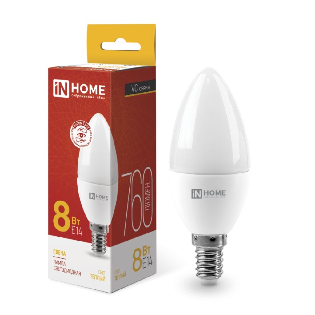 Лампа светодиодная E14, 8 Вт, 75 Вт, 230 В, свеча, 3000 К, свет теплый белый, In Home, LED-СВЕЧА-VC