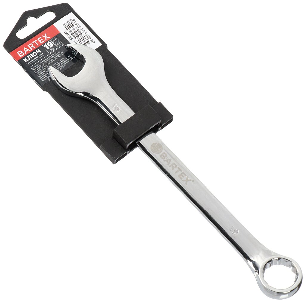 Ключ комбинированный, Bartex, 19 мм, хромированный зеркальный, CrV сталь ключ комбинированный 11 мм хромированный sparta