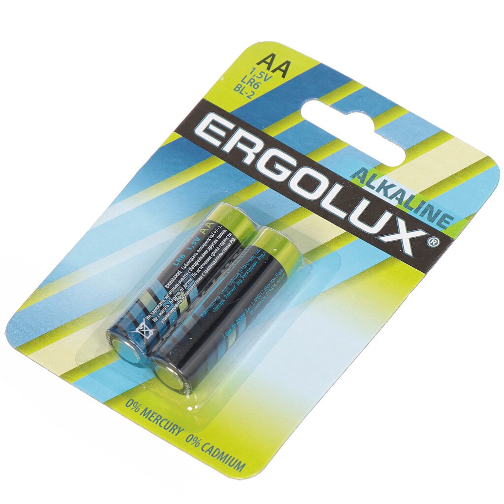 Батарейка Ergolux, АА (LR6, 15A), Alkaline, щелочная, 1.5 В, блистер, 2 шт, 11747