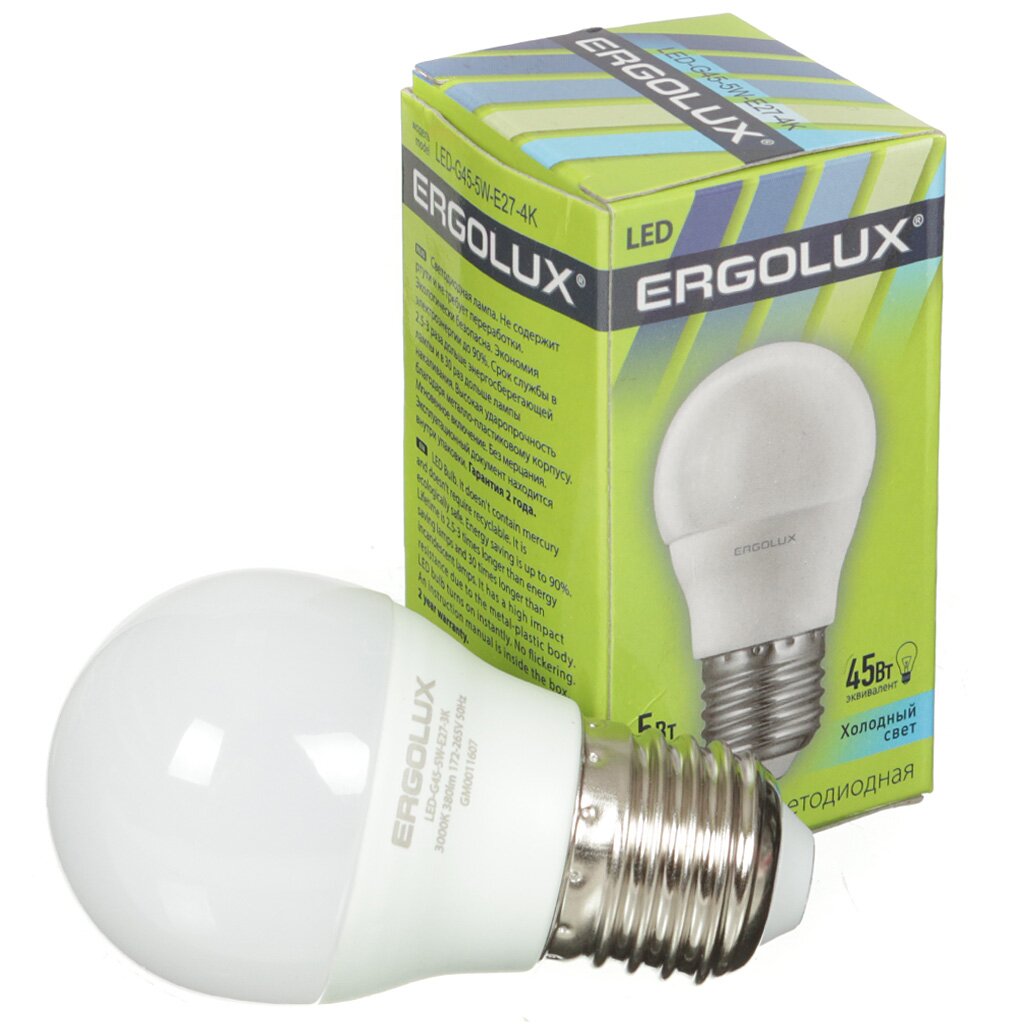 Лампа светодиодная Ergolux LED-G45-5W, 5 Вт, E27, холодный белый свет