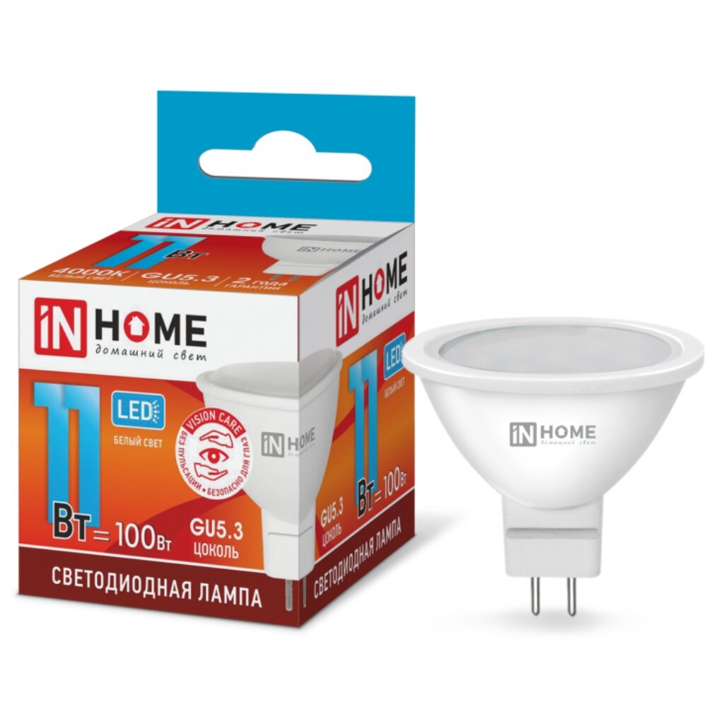 Лампа светодиодная GU5.3, 11 Вт, 100 Вт, 230 В, рефлектор, 4000 К, свет холодный белый, In Home, LED-JCDR-VC
