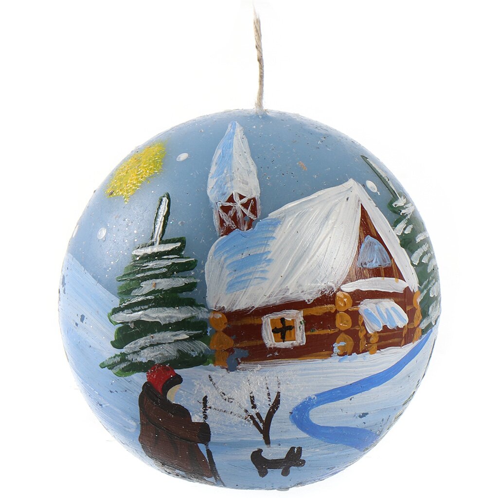 Свеча декоративная, 6.5х6.5 см, шар, голубая, Зимний день, с новогодней росписью, 35 0558 8069