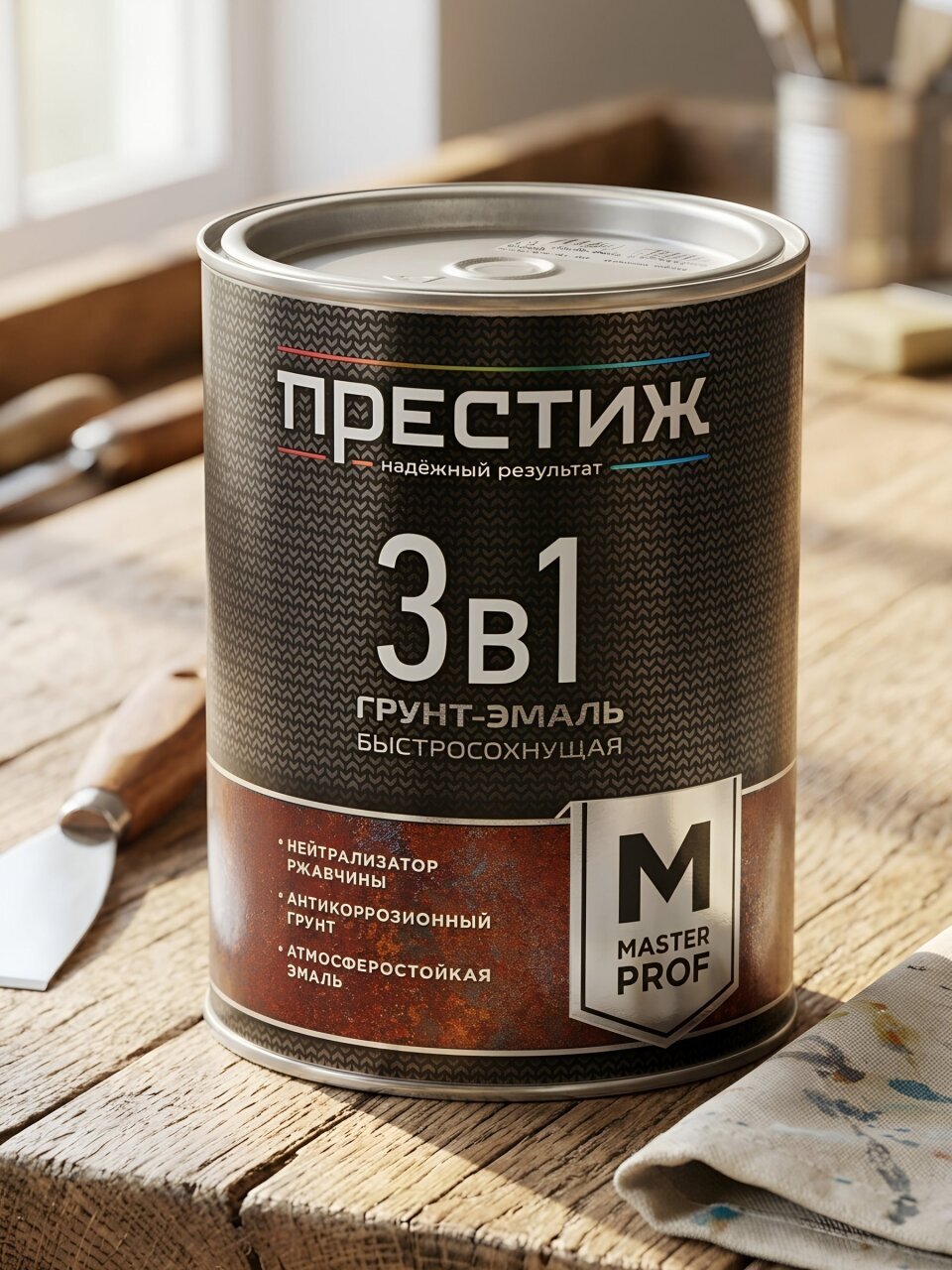 Грунт-эмаль Престиж, Мастер, по ржавчине, быстросохнущая, смоляная, черная, 0.9 кг