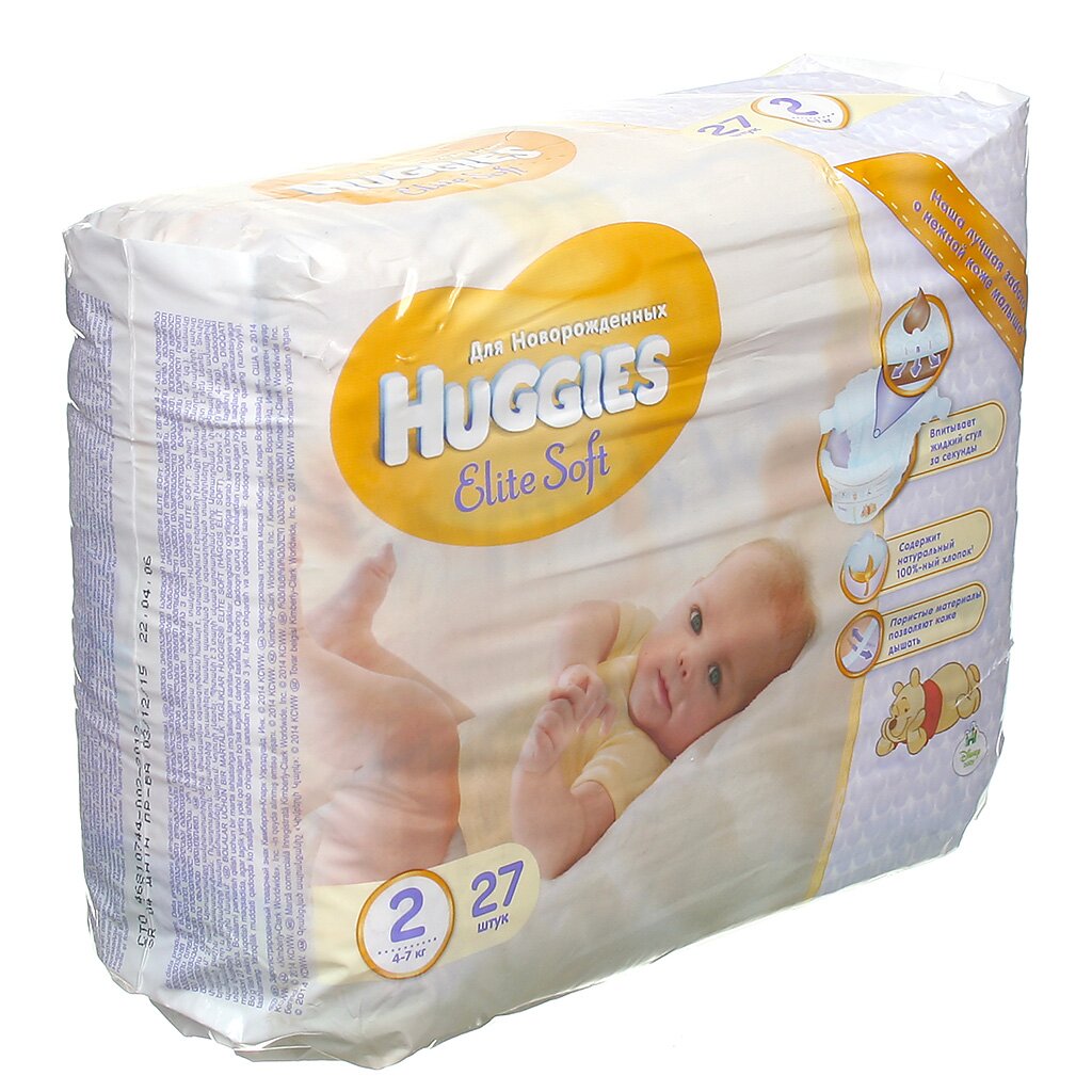 Подгузники детские Huggies, Elite Soft, р. 2, 4 - 9 кг, 27 шт, унисекс