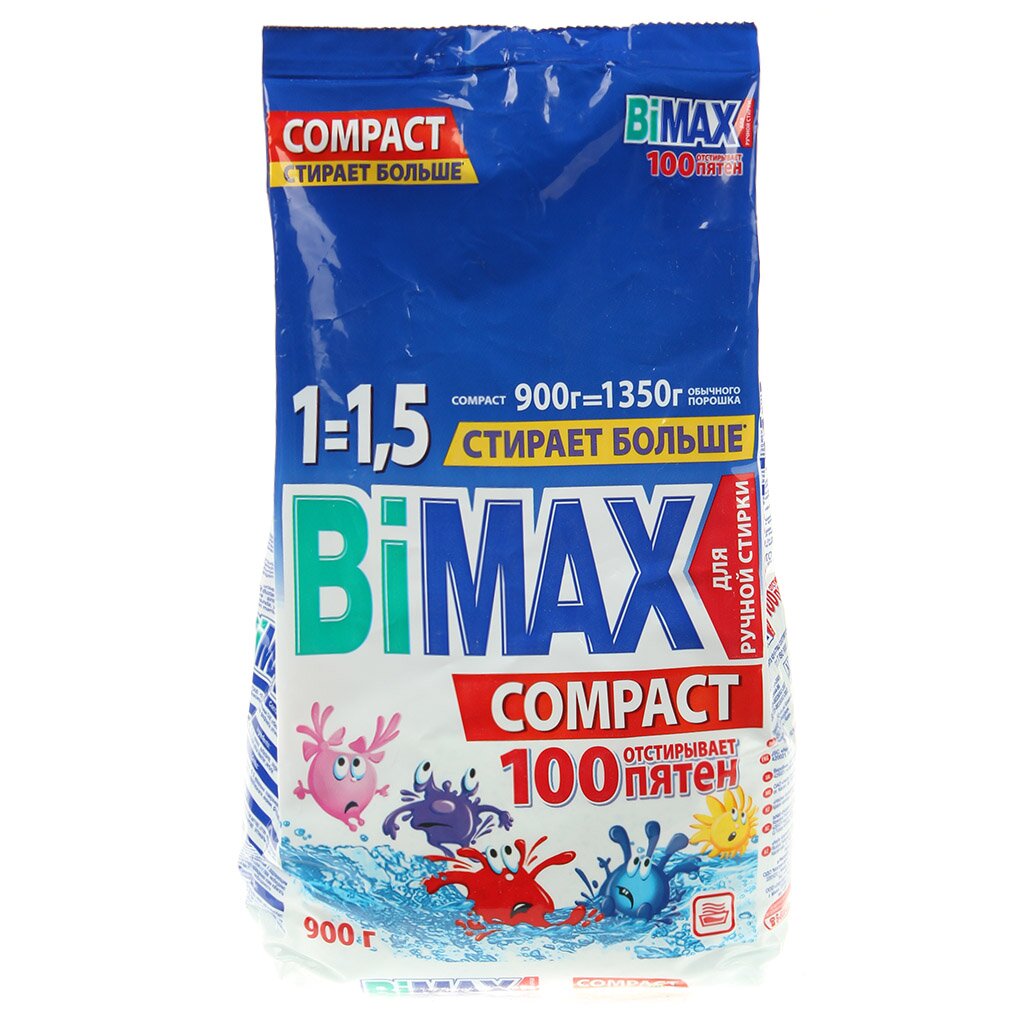 Стиральный порошок BiMAX, 0.9 кг, ручной, для белого белья, 100 пятен