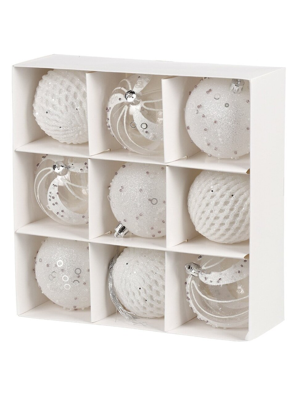 Елочный шар 9 шт, прозрачно-белый, 8 см, пластик, SYQC- 0124266