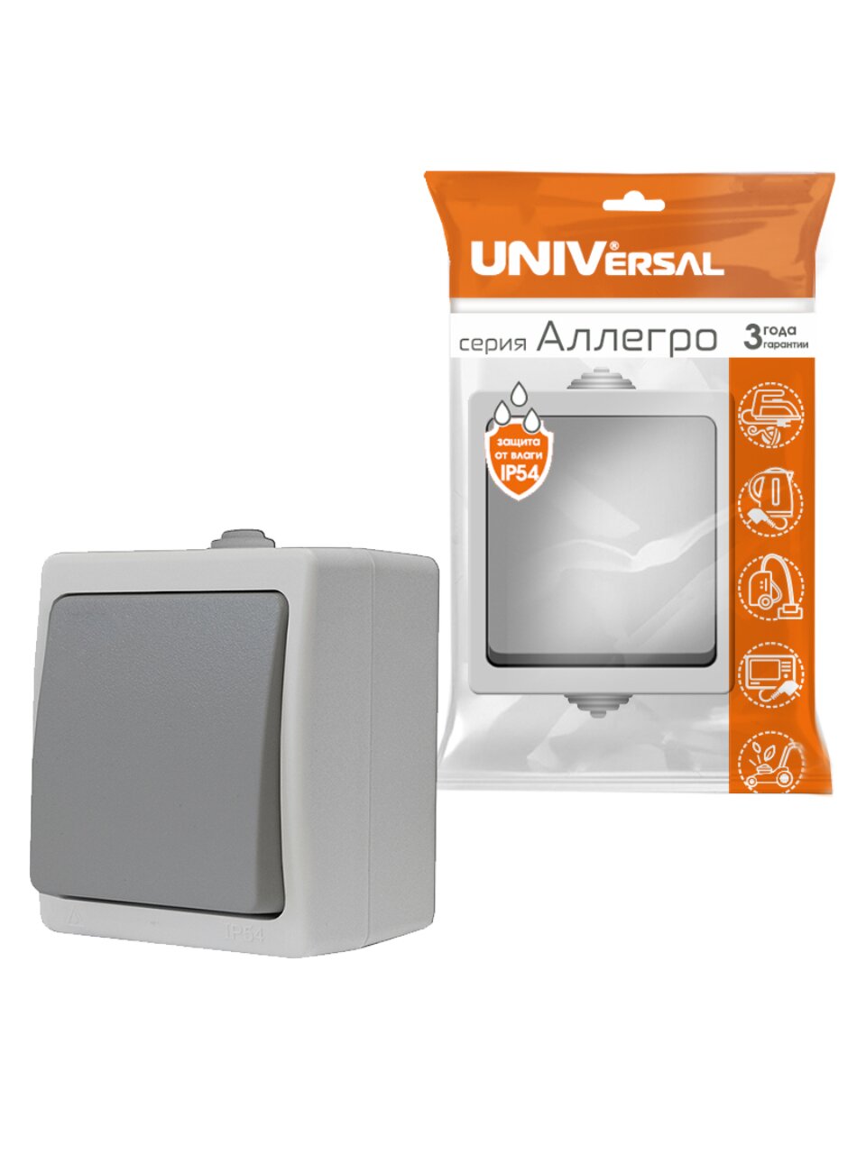 Выключатель открытой установки, одноклавишный, 10 А, ABS пластик, серый, UNIVersal, Аллегро, 1279