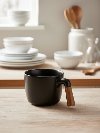 Кружка керамика, 270 мл, с деревянной ручкой, Y4-11011, черная