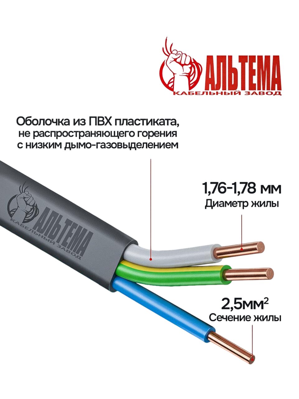 Кабель ВВГ-Пнг(А)-LS, 3х2.5 мм², 10 м, медь, силовой, негорючий, ГОСТ, черный, Альтема, А000193