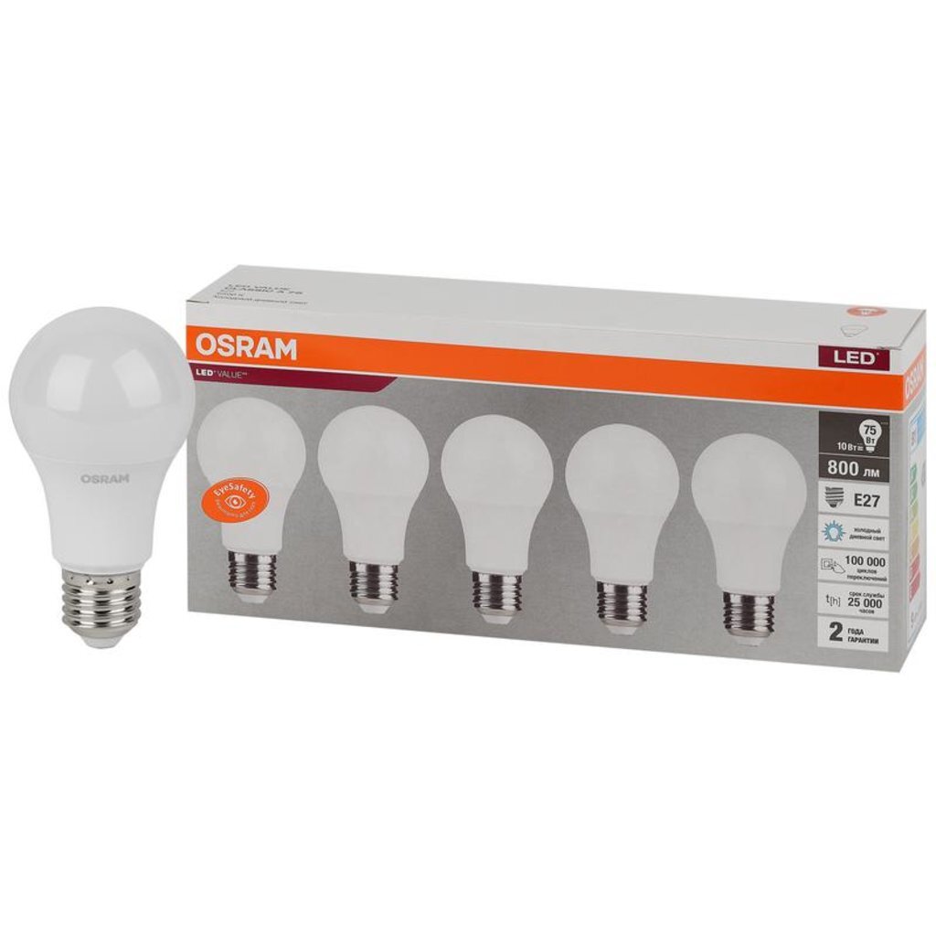 Лампа светодиодная LED Value LVCLA75 10SW/865 230В E27 2х5 RU (уп.5шт) OSRAM 4058075577770