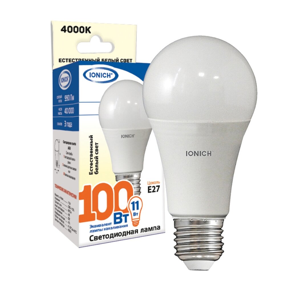 Лампочка светодиодная E27, 11 Вт, 100 Вт, груша, 4000 К, свет нейтральный белый, IONICH, ILED-SMD2835-A60-11-990-230-4-E27