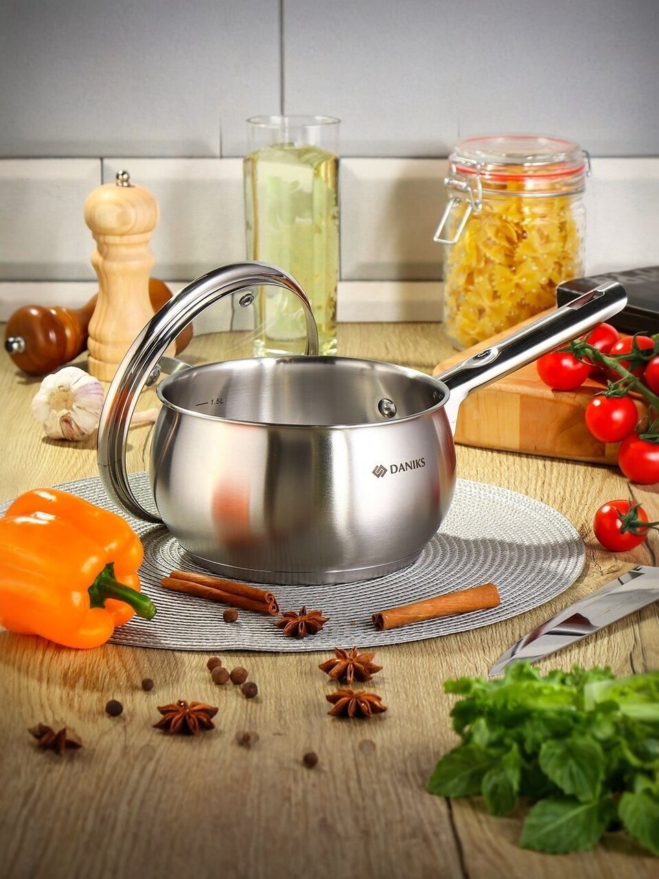 Ковш нержавеющая сталь, 2 л, крышка стекло, ручка нержавеющая сталь, индукция, Daniks, Эмилия, CW-W075-16S