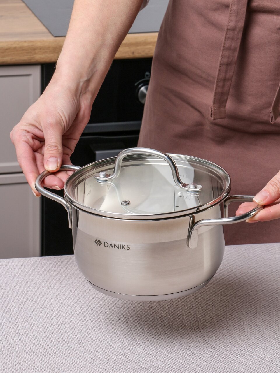 Кастрюля нержавеющая сталь, 1.9 л, крышка стекло, сталь 304, Daniks, Нолан, GS-01363-16CA, индукция