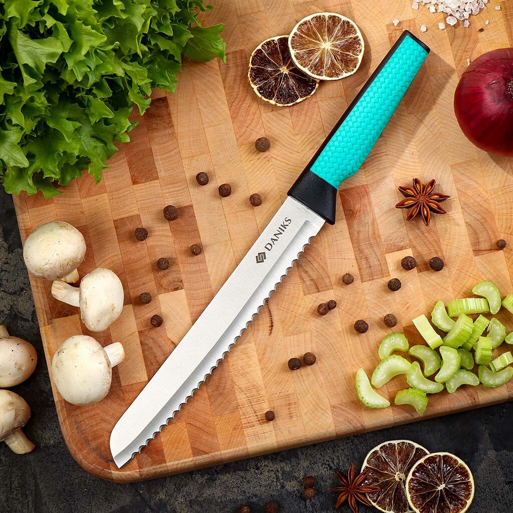 Нож кухонный Daniks, Emerald, для хлеба, нержавеющая сталь, 20 см, рукоятка пластик, JA2021124-2 нож кухонный daniks verde для овощей нержавеющая сталь 9 см рукоятка пластик ja2021121 5