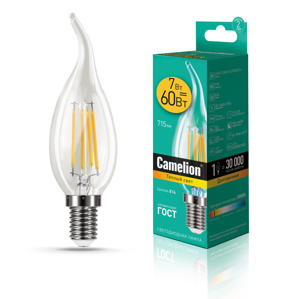 Лампа светодиодная 7Вт 220В 3000К Camelion LED7-CW35-FL/830/E14