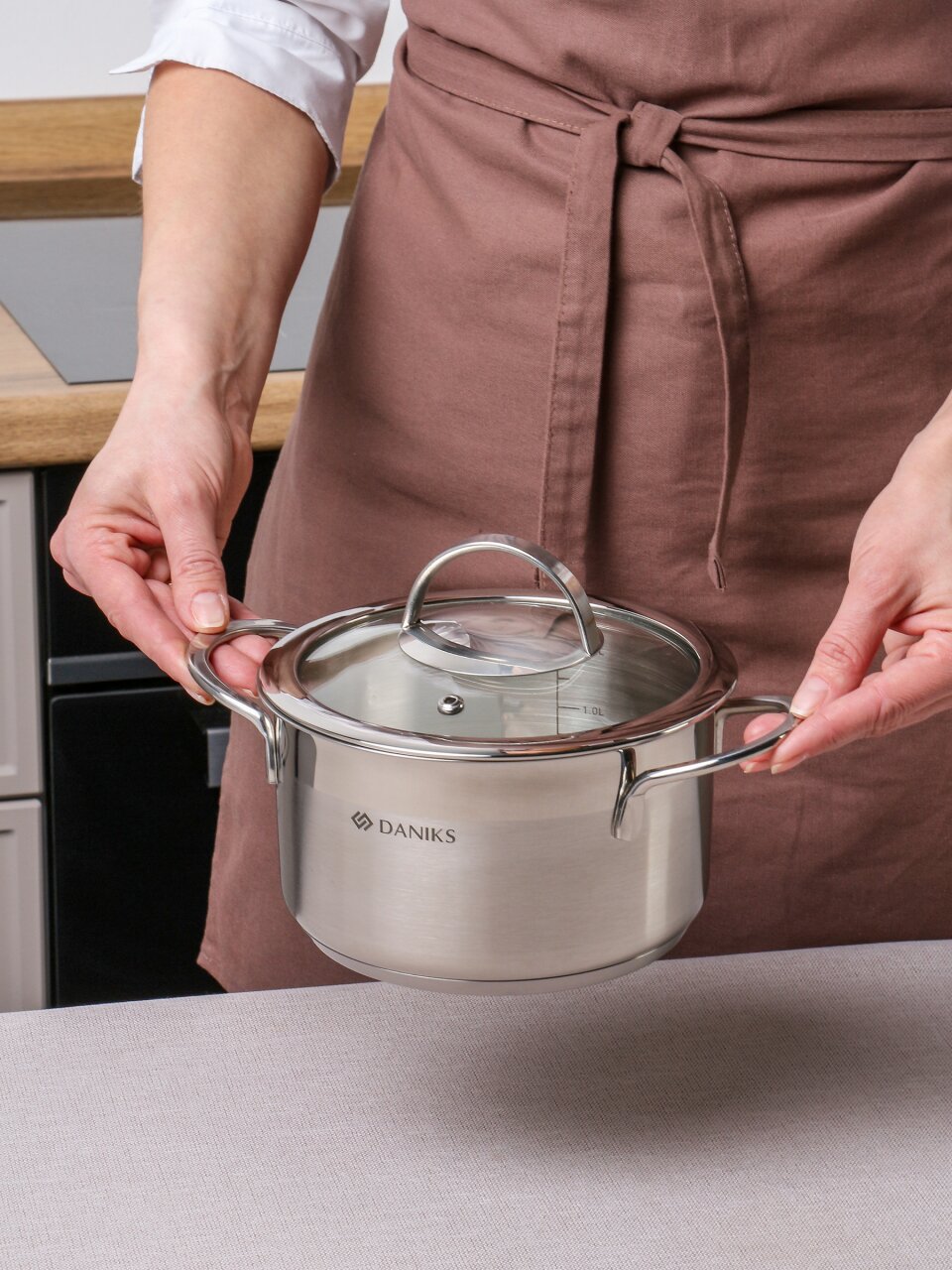 Кастрюля нержавеющая сталь, 1.8 л, крышка стекло, Daniks, Бонн, GS-01319-16CA, индукция