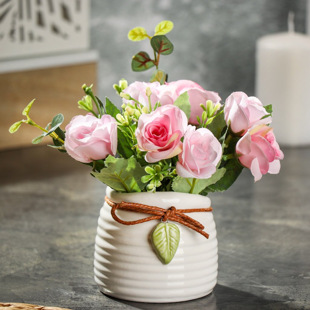 Цветок искусственный декоративный Букет роз, в кашпо, 16 см, розовый, Y6-2053 ок искусственный декоративный композиция желтых ов в кашпо 13 см y6 2063