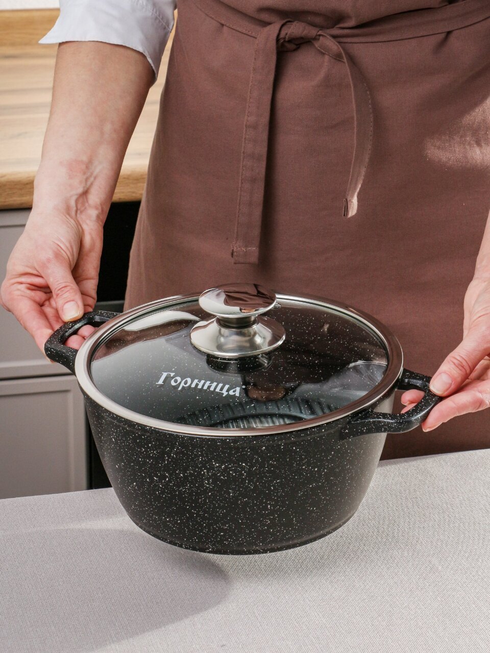 Кастрюля литой алюминий, антипригарное покрытие, 3 л, крышка стекло, литые ручки, Горница, Гранит Induction, Ик223аг, индукция