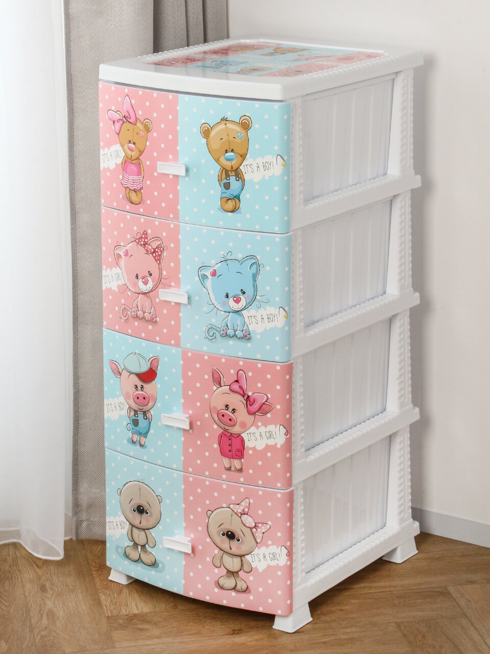 Комод детский 4 ящика, Друзья, 38.5х47х93.5 см, белый, Росспласт, РП-421