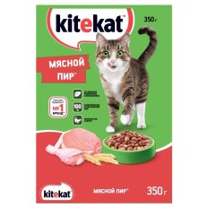 Корм для животных Kitekat, 350 г, для взрослых кошек, сухой, мясной пир, пакет, 10132138