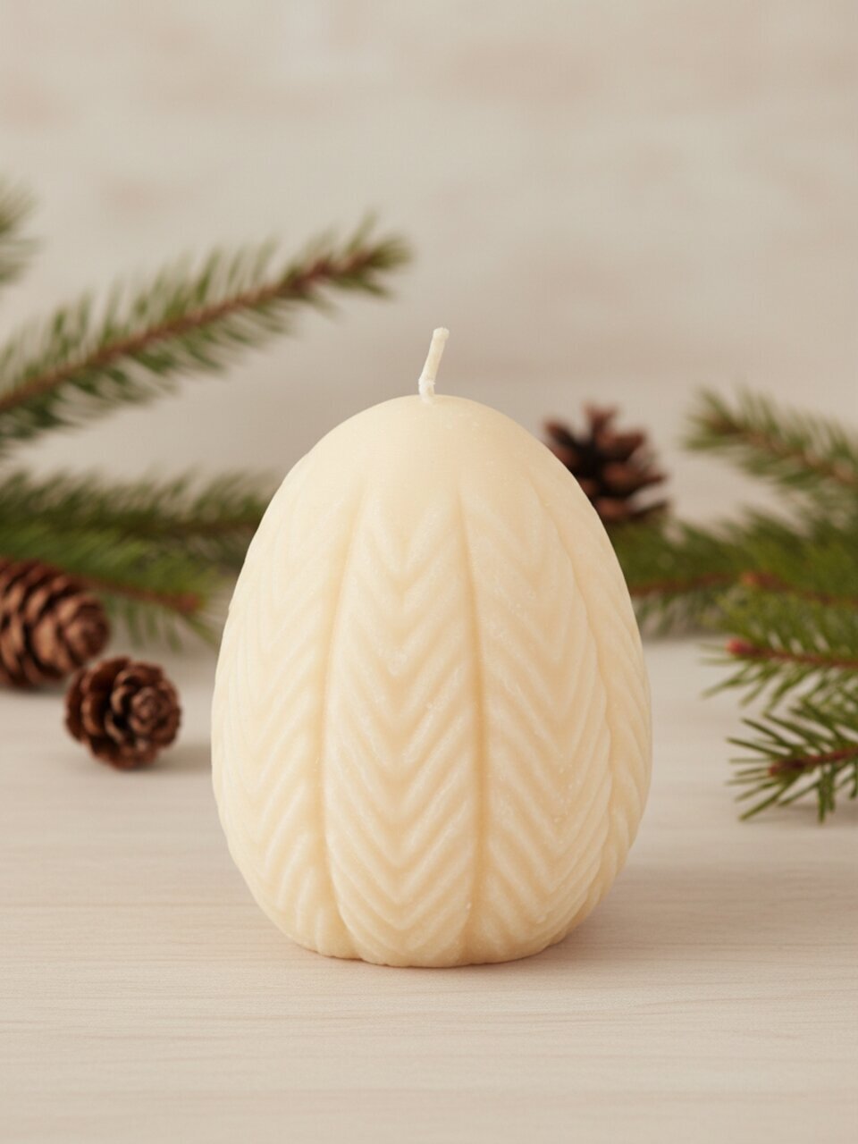 Свеча декоративная 7.6х6.7 см, айвори, Яйцо, принт елочки, 28 3135 0001