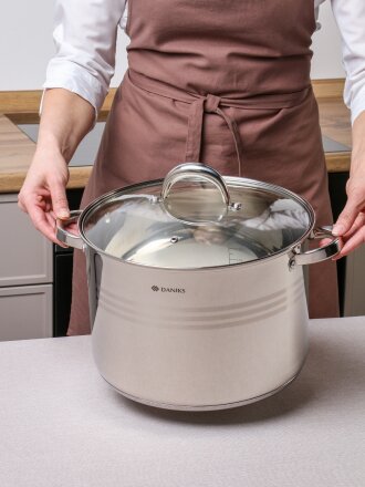Кастрюля нержавеющая сталь, 12 л, крышка стекло, Daniks, Общепит, SP-6BP-12/SP-6BP-13, индукция
