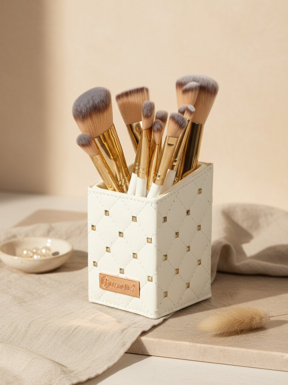 Набор кистей для макияжа, дерево, полимер, металл, с органайзером, белый, Y4-11502