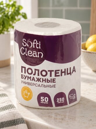 Полотенце бумажное 2 слоя, 1 рулон, 50 м, белое, Softi Clean, 4658