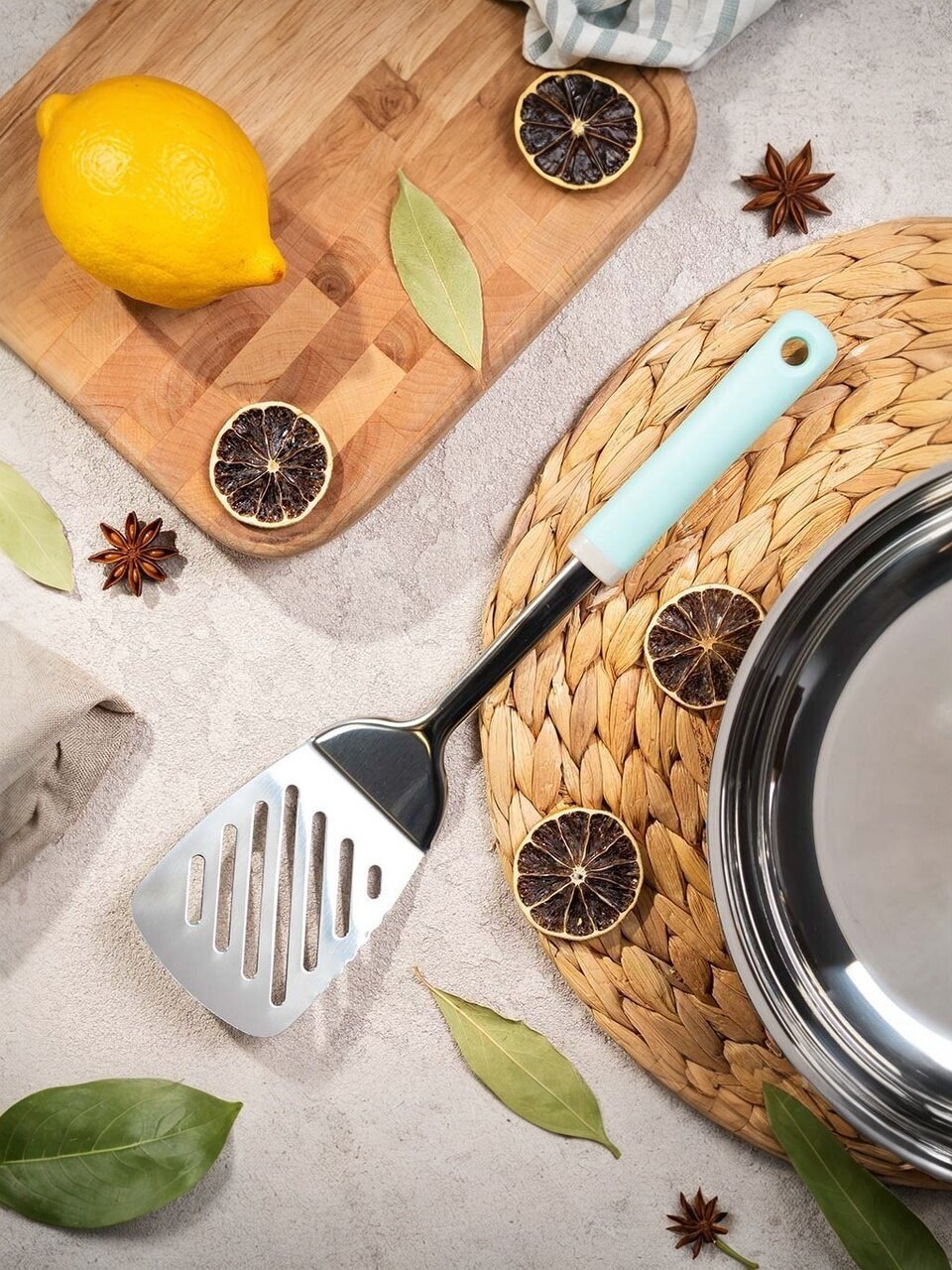 Лопатка кулинарная нержавеющая сталь, с прорезями, навеска, Daniks, Кванти, YW-KT580-1