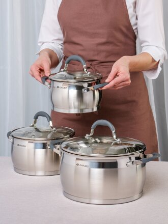 Набор посуды нержавеющая сталь, 6 предметов, кастрюли 1.9,3.7,5.5 л, сталь 304, индукция, Daniks, Eclipse, CW-S072-SE