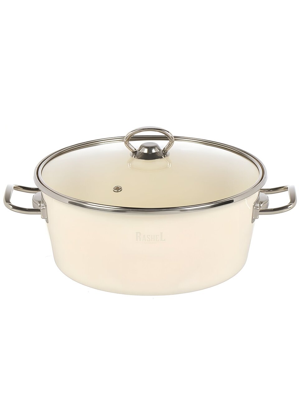 Кастрюля эмалированная сталь, 4.5 л, крышка стекло, ручки хром, RasheL, R9024, кремовая, индукция