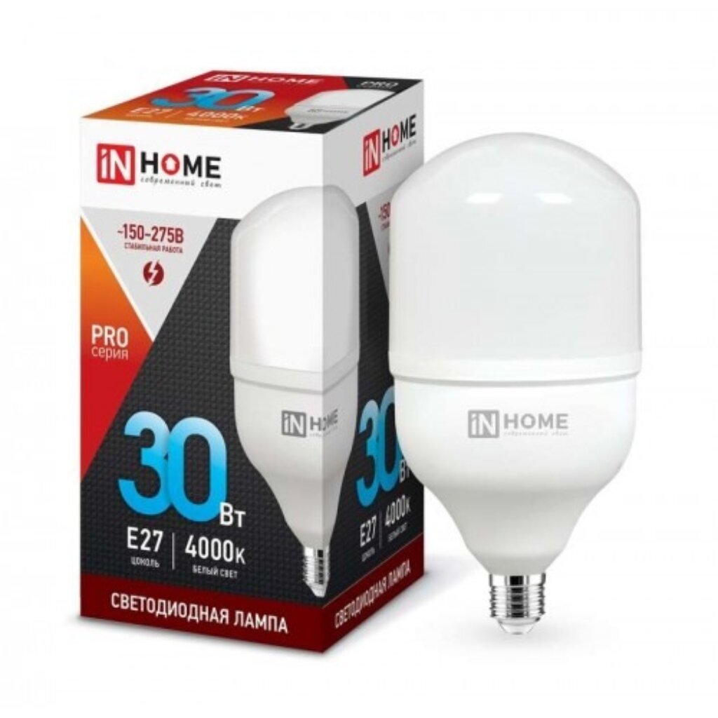 Лампа светодиодная E27, 30 Вт, 230 В, цилиндрическая, 4000 К, свет холодный белый, In Home, LED-HP-PRO