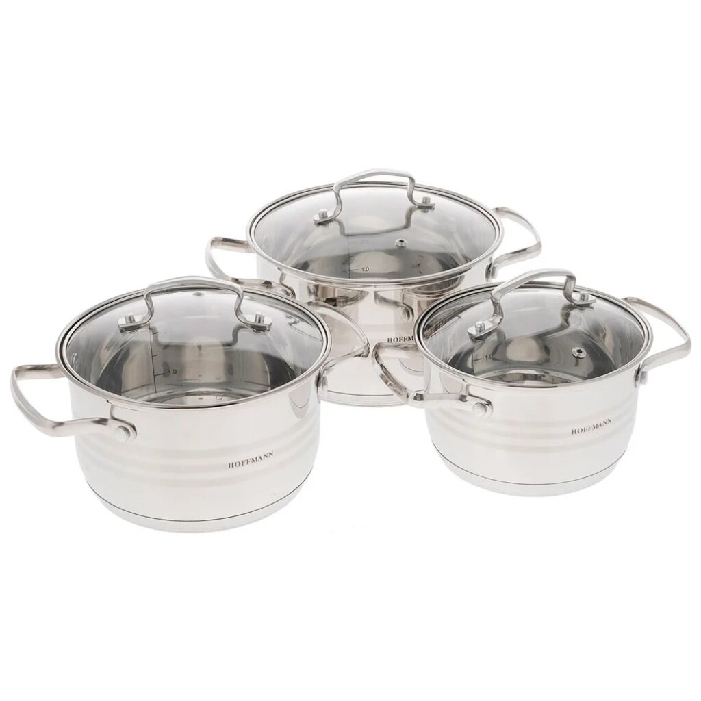 Набор посуды нержавеющая сталь, 6 предметов, кастрюли 2.1,3.1,4.1 л, индукция, Hoffmann, НМ 5106 набор кухонной утвари tatkraft