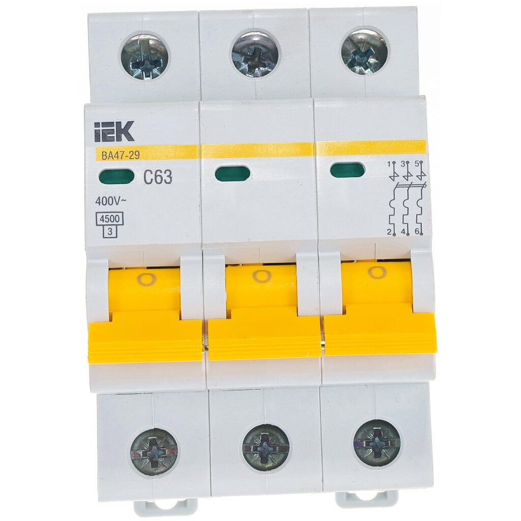 Автоматический выключатель на DIN-рейку, IEK, ВА47-29 3Р, 3 полюса, 63, 4.5 кА, 400 В, MVA20-3-063-C контакт состояния для ва47 60 на din рейку tdm