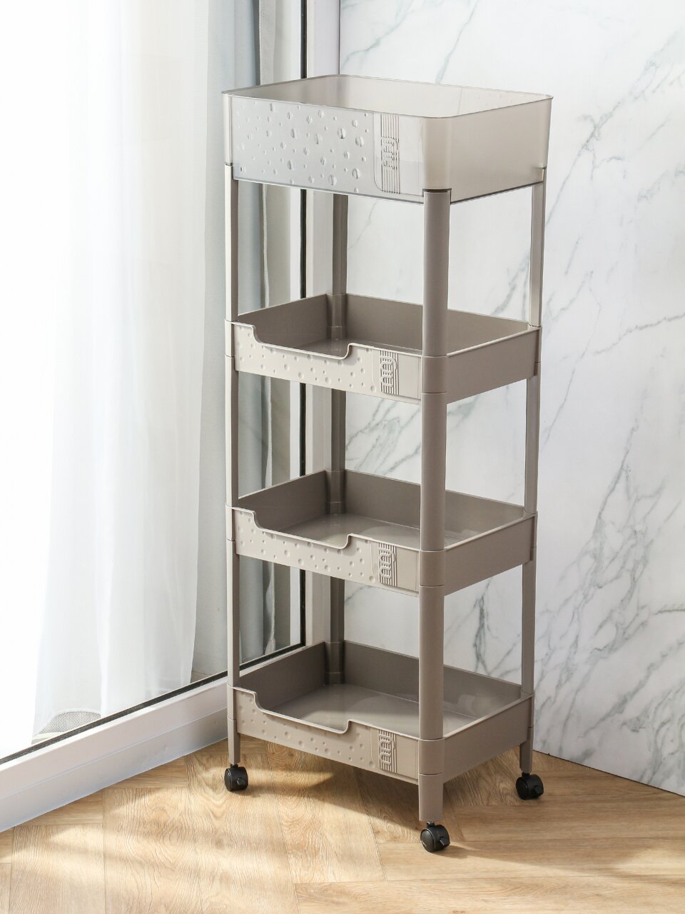 Полка универсальная, пластик, 4 секции, 39х28х102 см, на колесах, серая, Y4-11631