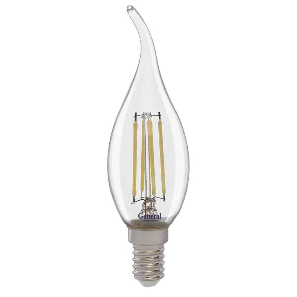 Лампа светодиодная E14, 10 Вт, 230 В, свеча на ветру, 4500 К, свет нейтральный белый, General Lighting Systems, Филамент, прозрачное стекло мысли на ветру
