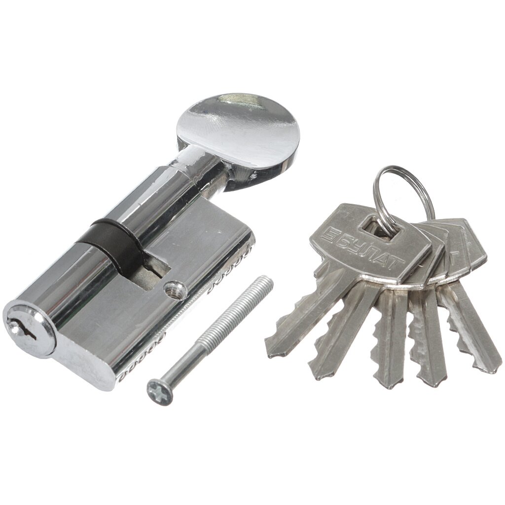 Личинка замка двери Булат, МЦ ZG, 09623, 60 мм, ключ-вертушка, с заверткой, никель, 5 ключей, английский