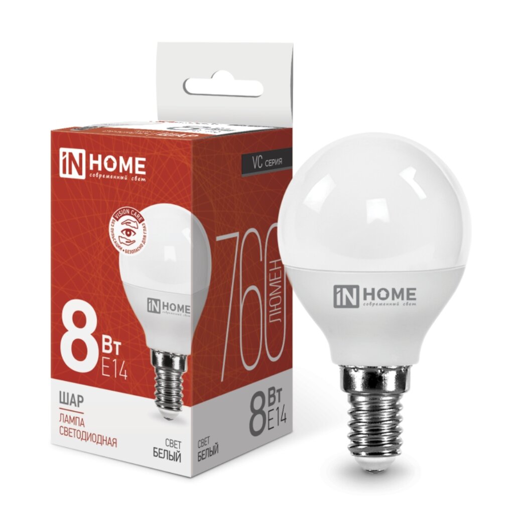 Лампа светодиодная E14, 8 Вт, 80 Вт, 230 В, шар, 4000 К, свет белый, In Home, LED-ШАР-VC