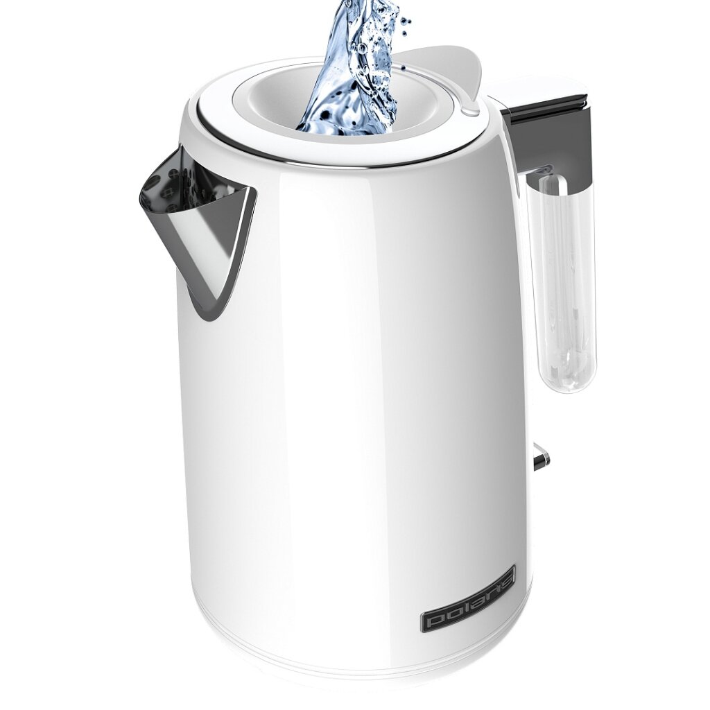 Чайник электрический Polaris, PWK 1746CA, белый, 1.7 л, 1850 Вт, скрытый нагревательный элемент, нержавеющая сталь электрический чайник polaris pwk 1746ca water way pro