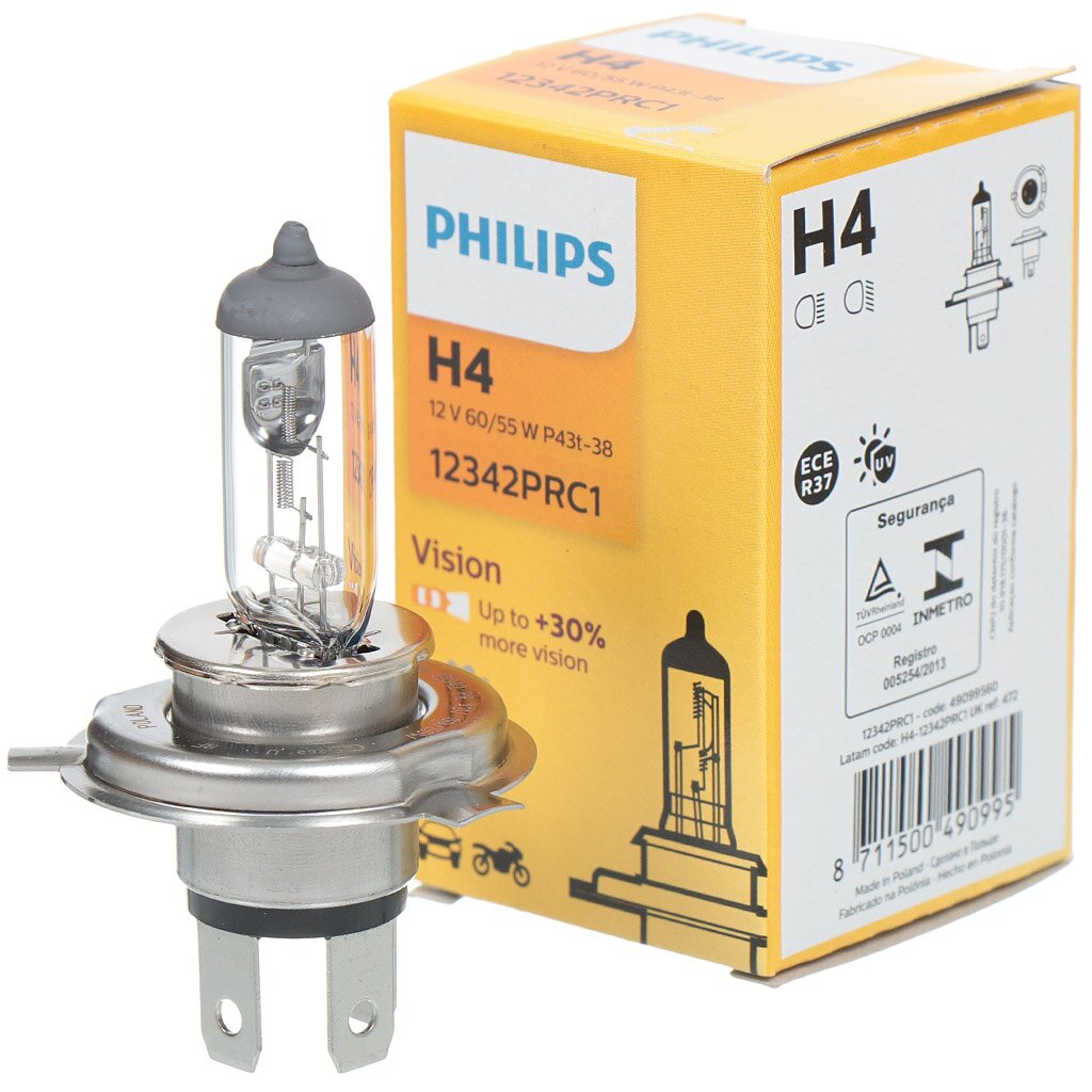 Лампа автомобильная Philips, Vision Premium Н4, 12342PRC1, 12v 60/55w, +30%