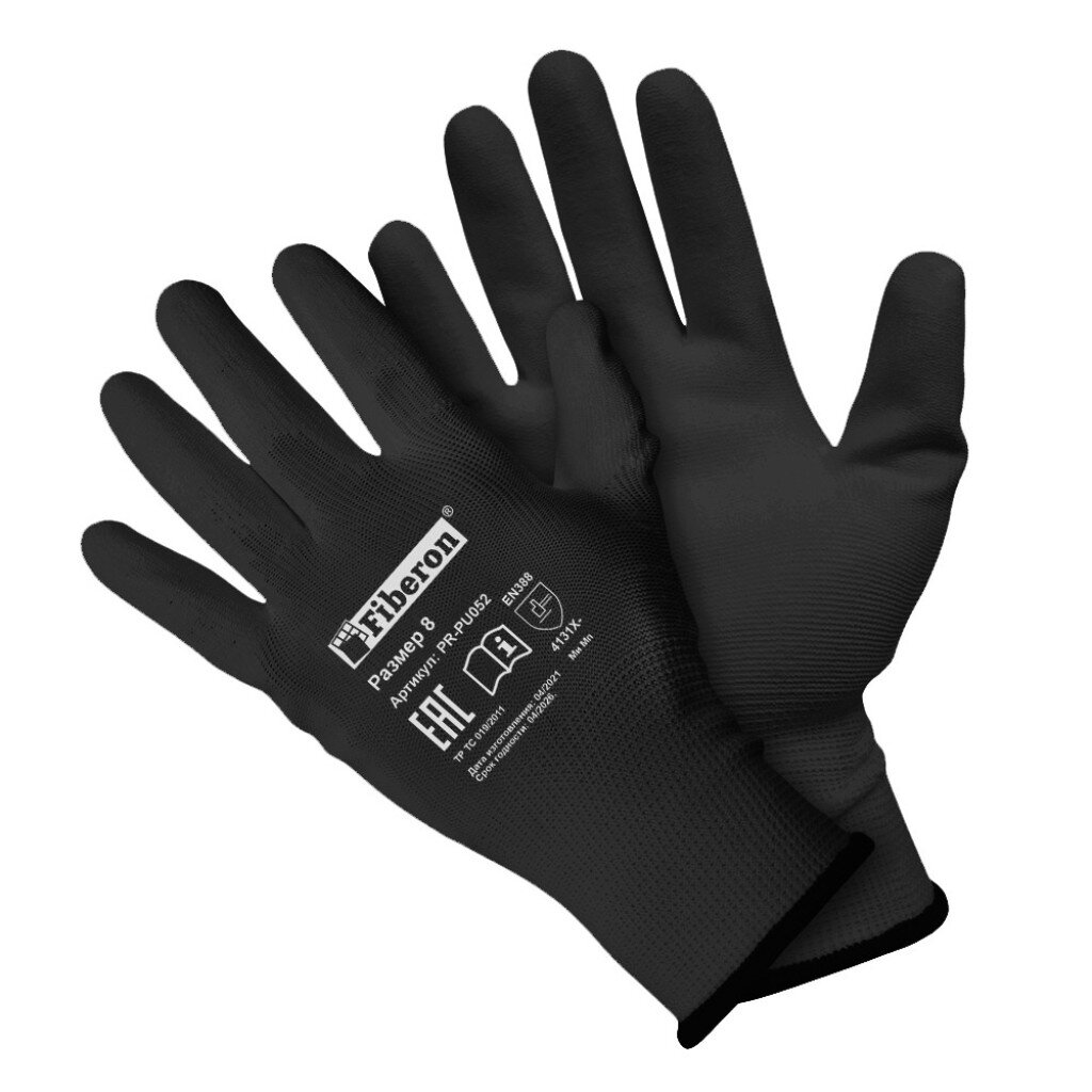 Перчатки полиэстер, 8 (M), черная основа, Fiberon перчатки садовые пэ полиуретановое покрытие 8 м микс ов 1 разно ные fiberon