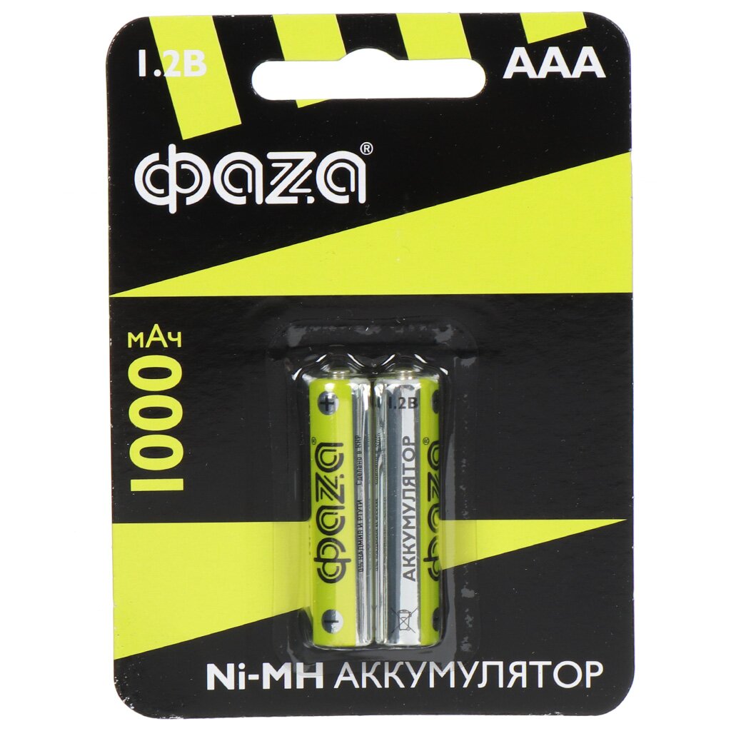 Батарея аккумуляторная 1000 мА·ч, Ni-Mh, 1.2 В, ААА (LR03, R3), 2 шт, в блистере, ФАZА, 5002913 батарея аккумуляторная 2700 ма·ч ni mh 1 2 в аа lr06 lr6 2 шт в блистере фаzа 5003002