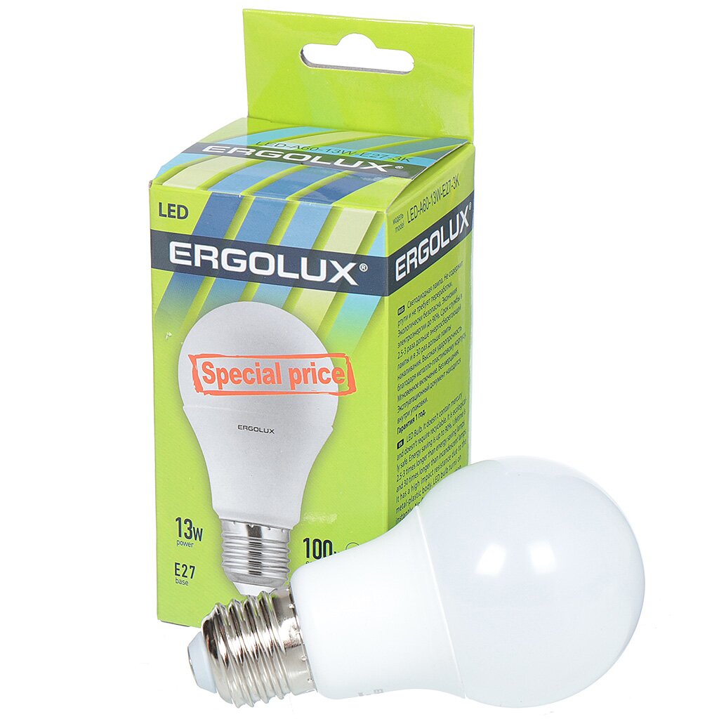 Лампа светодиодная E27, 13 Вт, 100 Вт, груша, 3000 К, свет теплый белый, Ergolux