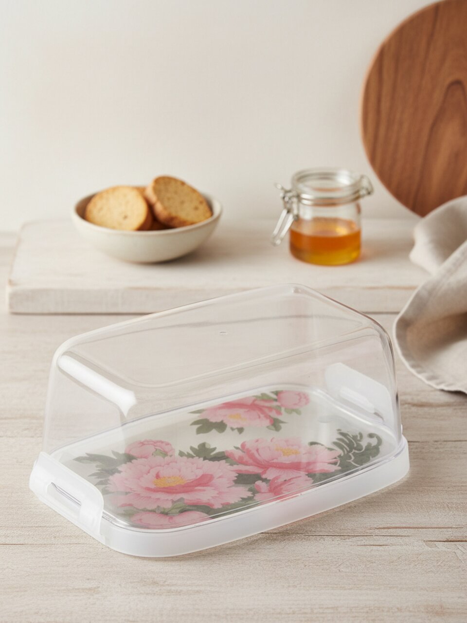 Масленка пластик, 16х10х7 см, крышка пластик, прозрачная, Homver, Bergamo, Сад пионов, 223153201/00