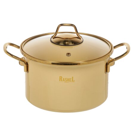 Кастрюля эмалированная сталь, 4 л, крышка стекло, ручки золото, RasheL, Gold, R-07720, кремовая, индукция