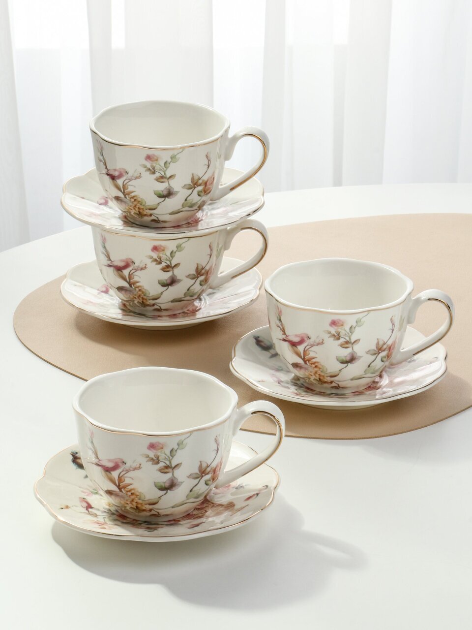 Набор чайный керамика, 8 предметов, на 4 персоны, 250 мл, Beatrix, Птички, МЛ125P/4, подарочная упаковка