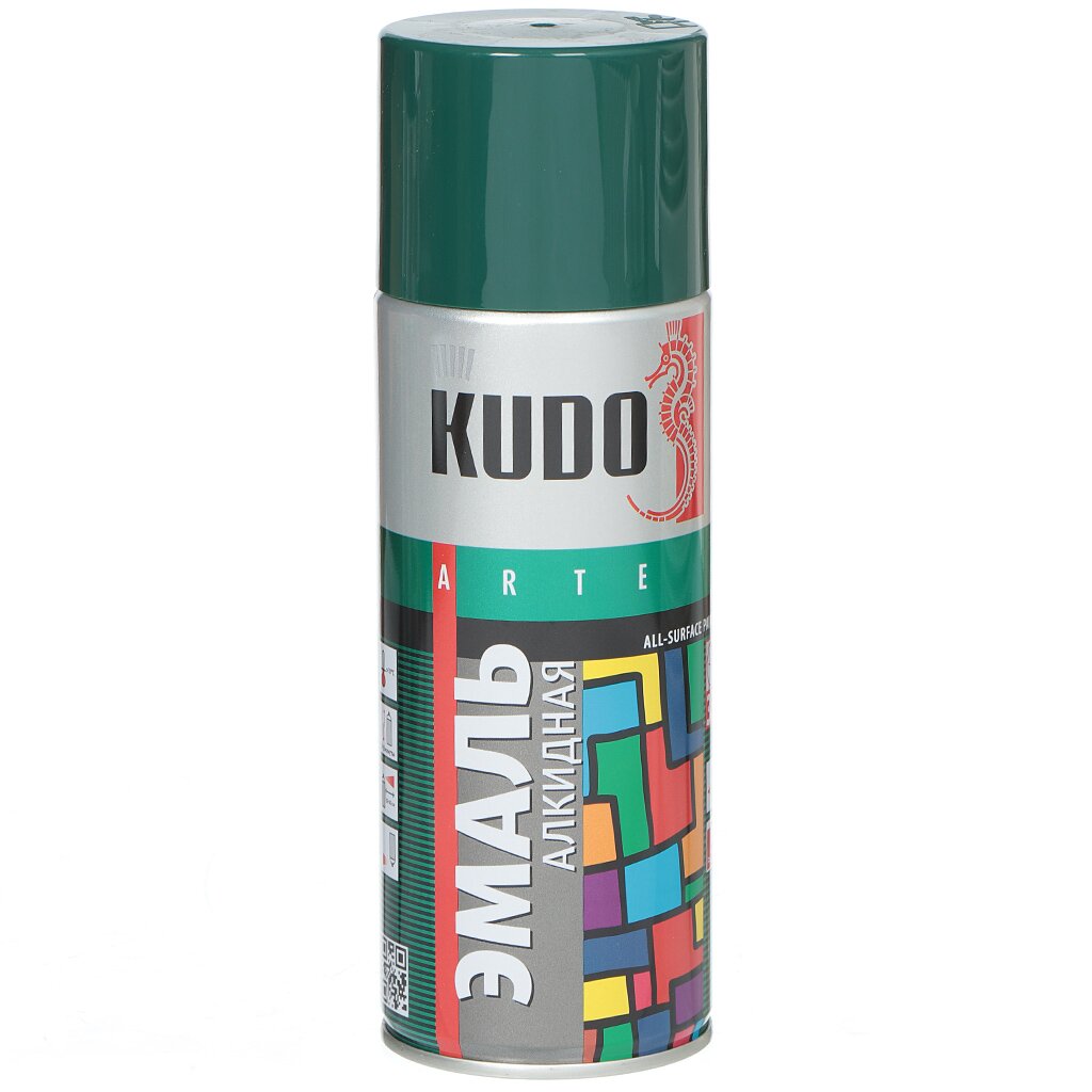 Эмаль аэрозольная, KUDO, универсальная, алкидная, глянцевая, зеленая, 520 мл, KU-1007 эмаль палитра пф 115 алкидная глянцевая светло зеленая 0 9 кг