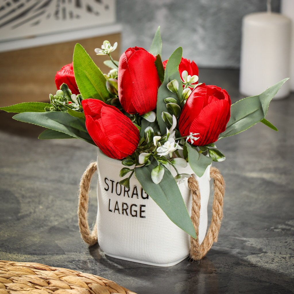 Цветок искусственный декоративный Тюльпаны, в кашпо, 27х7.5 см, красный, Y4-7159 ок искусственный декоративный ветвь с ами 90 см красный y4 7920